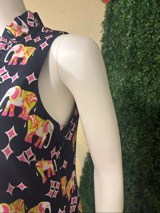 Sleeveless Navy Elephant Print Shift Dress - Pink & Yellow Accents - Picture 3 of 8